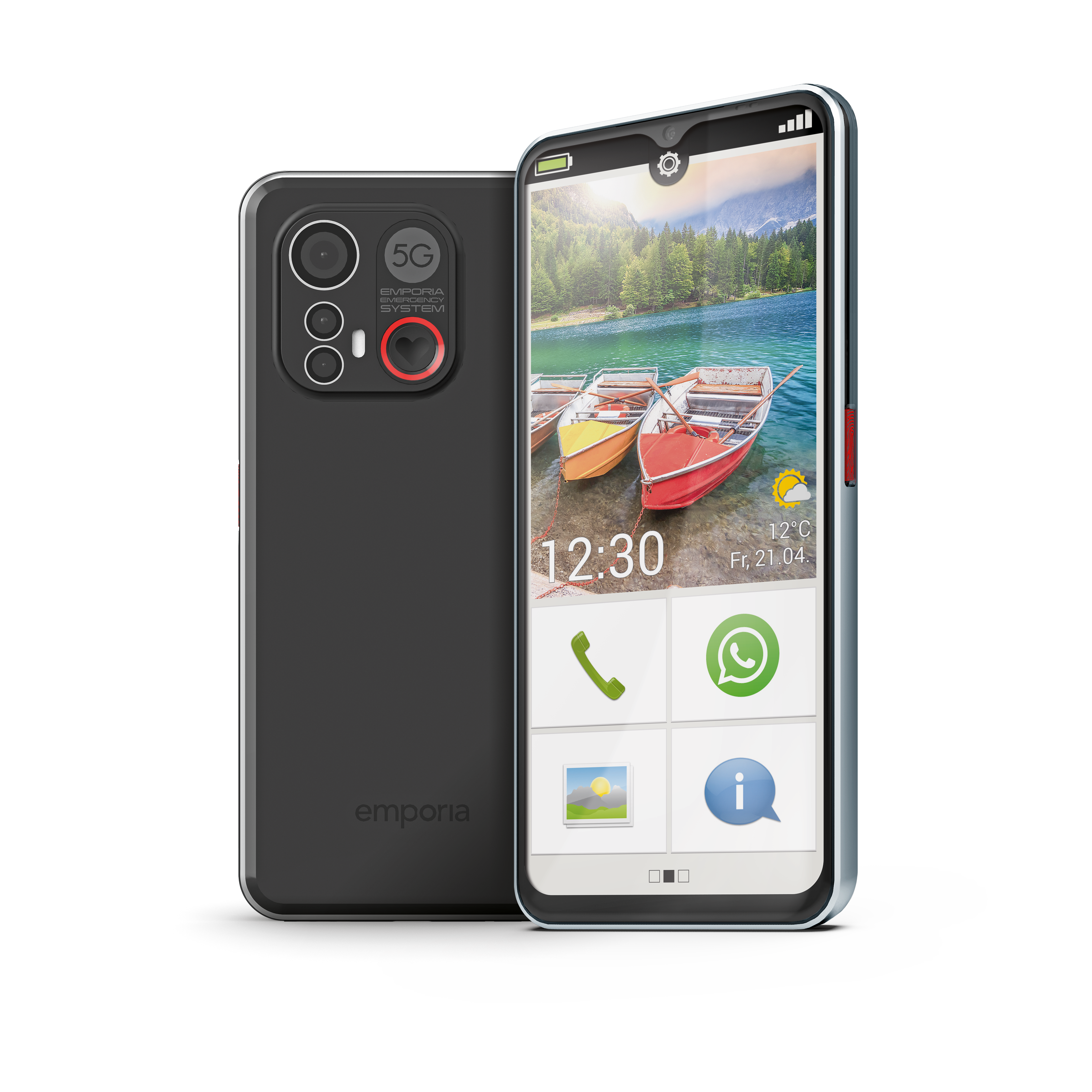 Vorder- & Rückseite des emporia SMART.6 Smartphone mit eingeschaltetem Display. Auf der Rückseite sieht man die Dreifach-Hauptkamera und den No-panic Button.