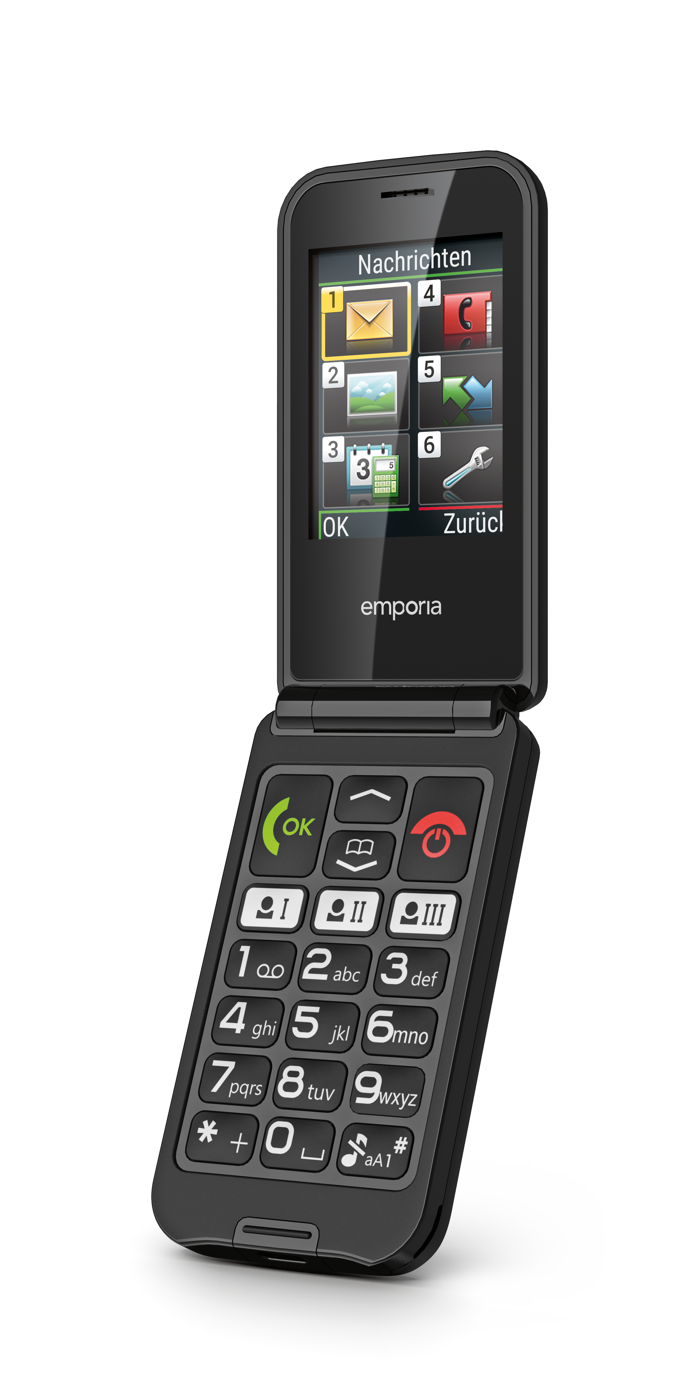 Aufgeklapptes emporia TALKglam – Klapphandy mit eingeschaltetem Display. Das Display zeigt das Handymenü.