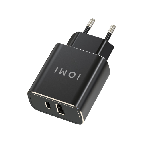 USB-Reiselader schwarz. Mit USB-C und USB-A Anschluss. Ansicht von oben