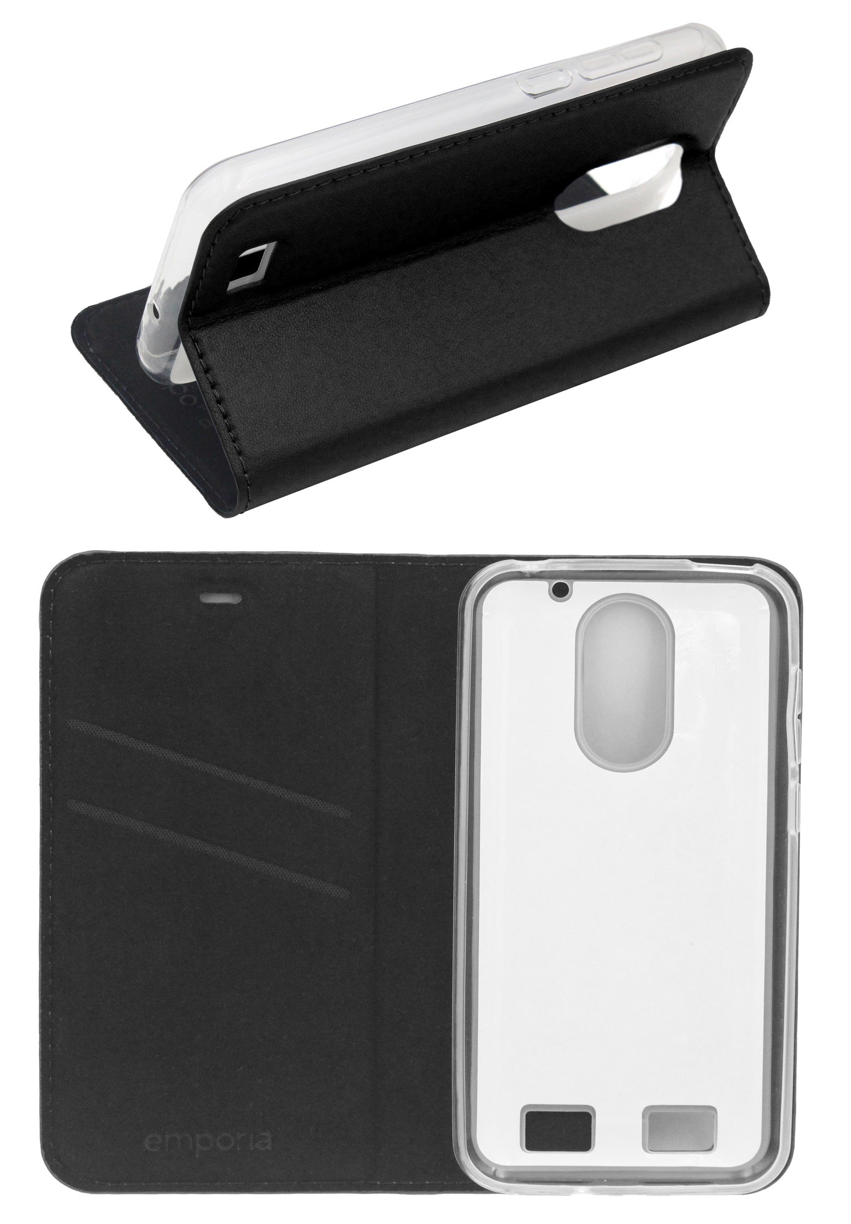 Aufgeklappte schware Buchtasche mit transparentem Innencase für emporia SMART.4 (S4)