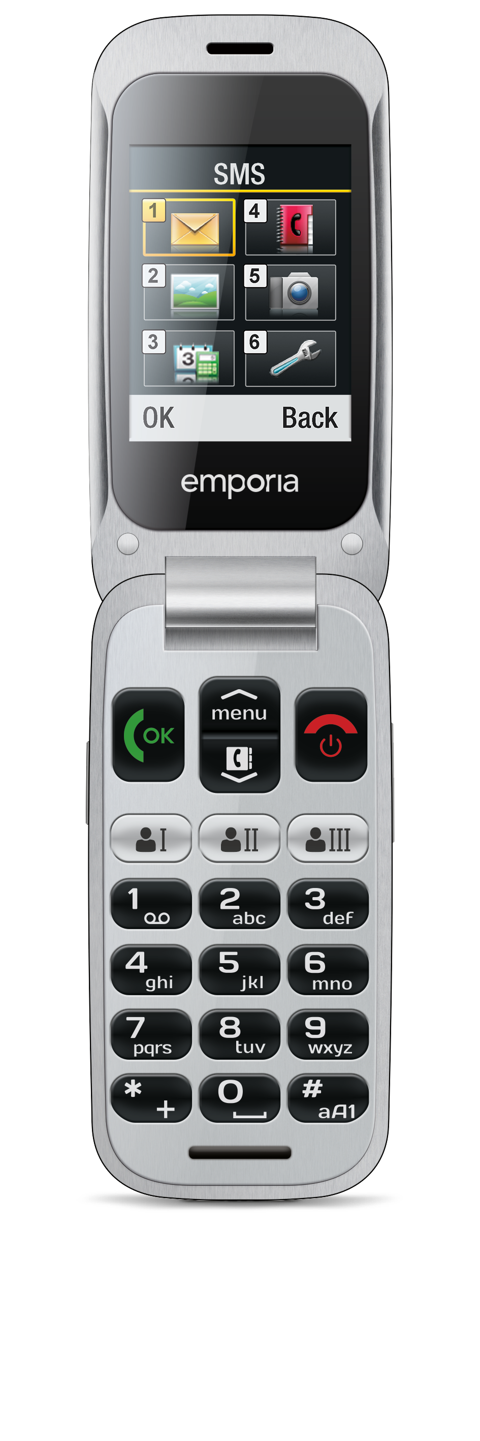 Aufgeklapptes emporia ONE mit eingeschaltetem Display