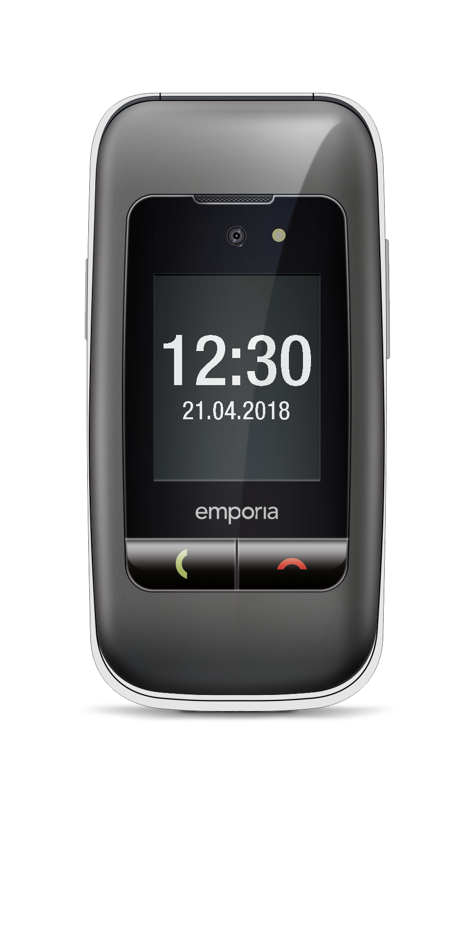 Graues, zugeklapptes emporia ONE – Klapphandy mit Außendisplay