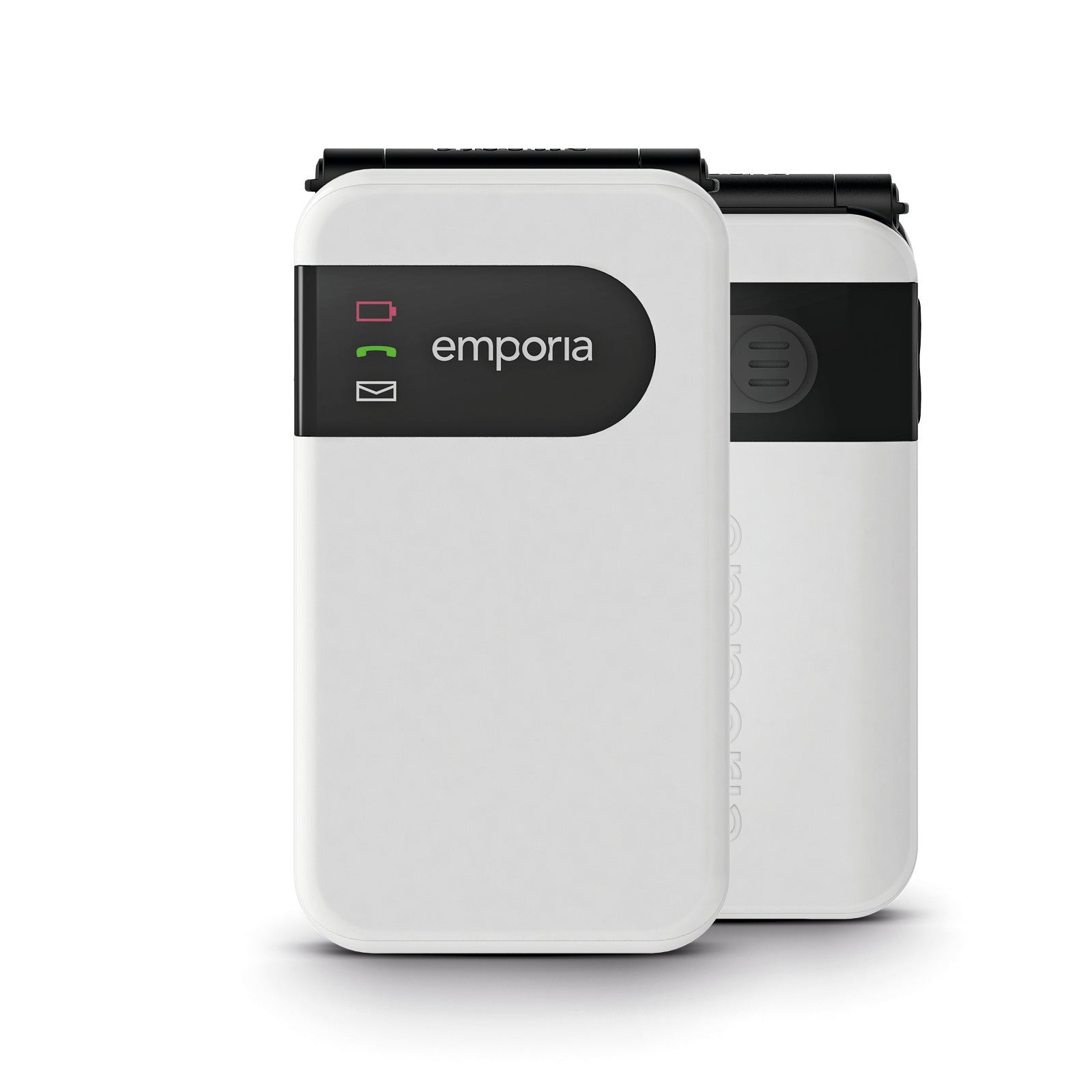 Front- & Rückansicht eines weißen, zugeklappten emporia SIMPLICITYglam.4G Klapphandy.