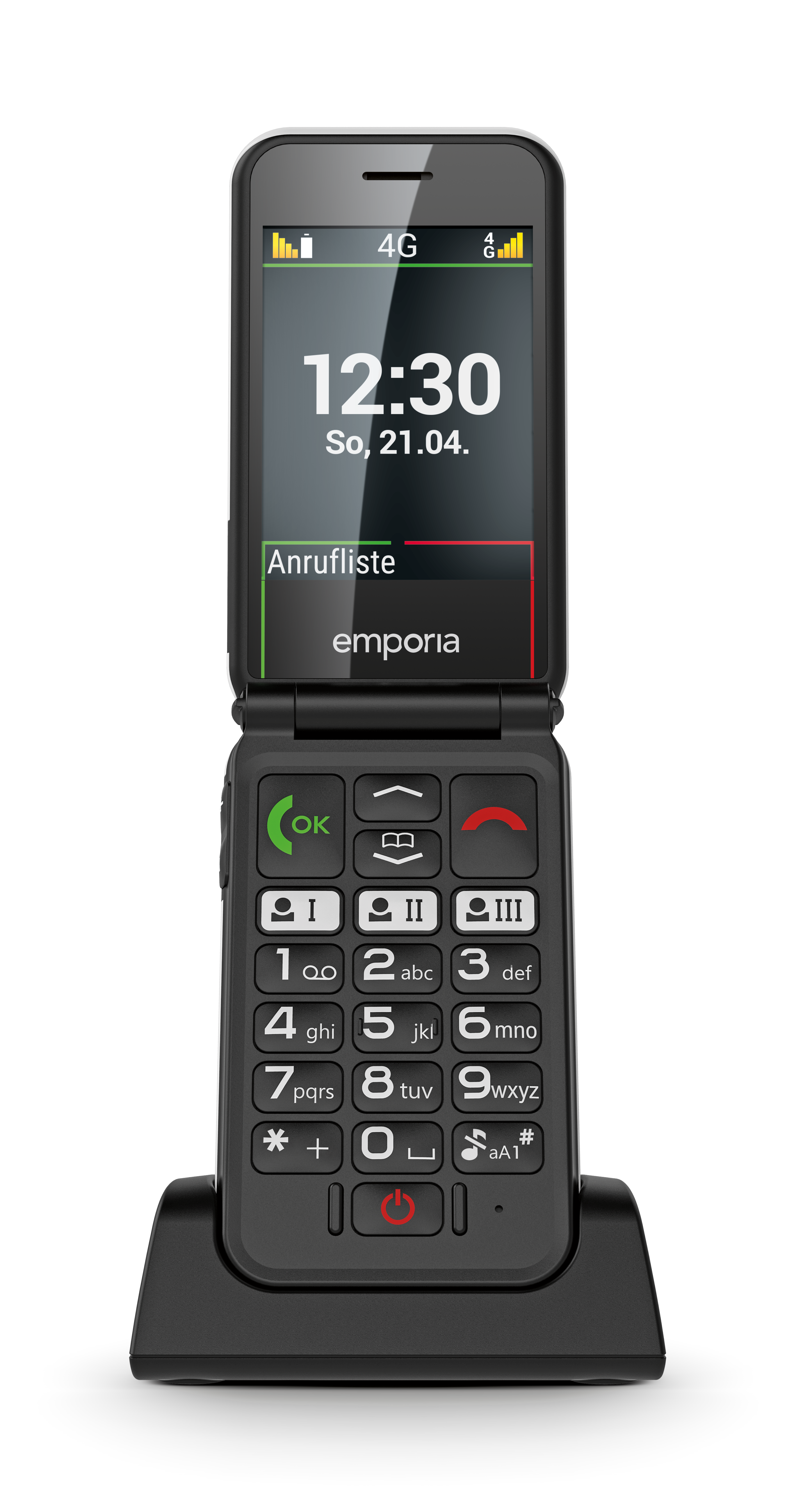 Eingeschaltetes und aufgeklapptes emporia SIMPLICITYglam.4G in emporia Ladeschale