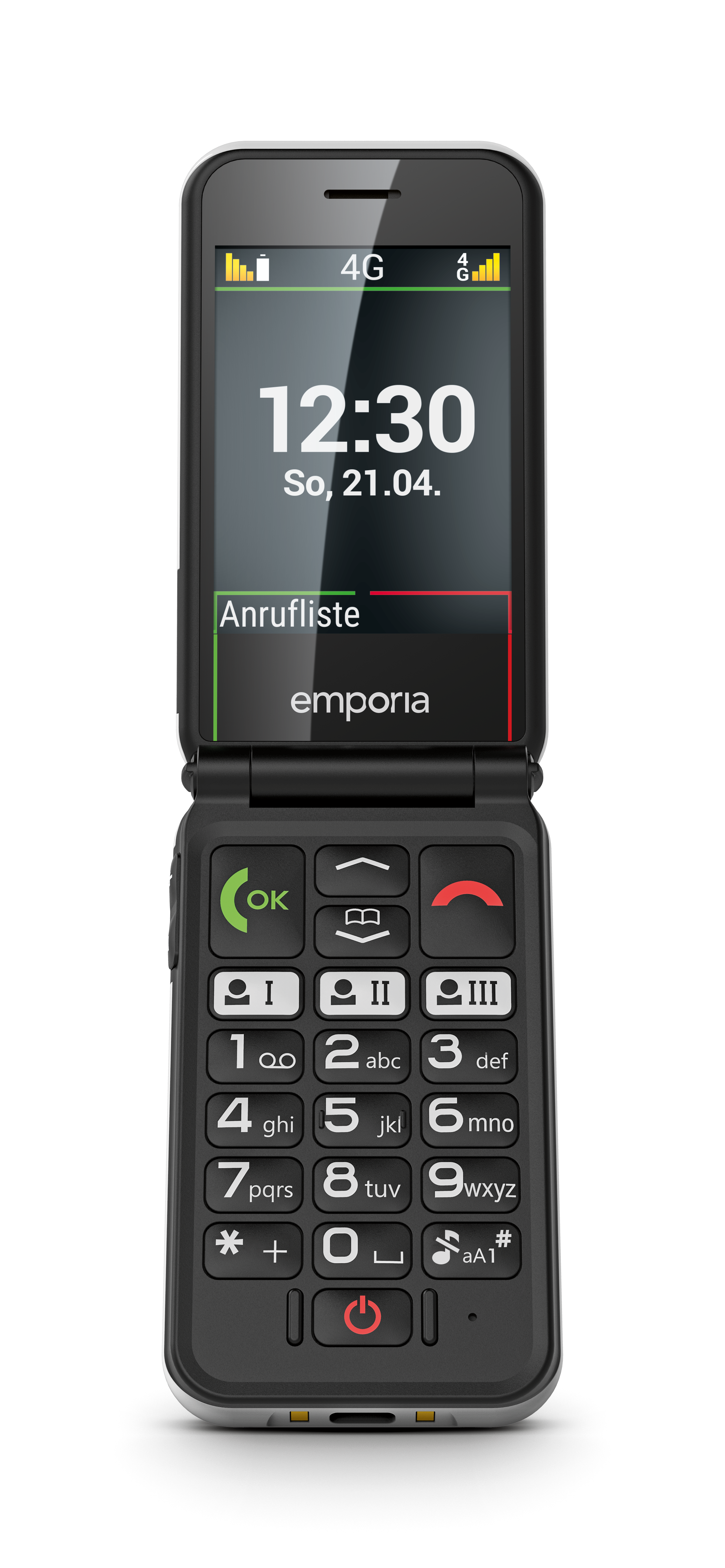 Frontansicht eines aufgeklappten emporia SIMPLICITYglam.4G Klapphandy. Das Display zeigt die Uhrzeit und das Datum.