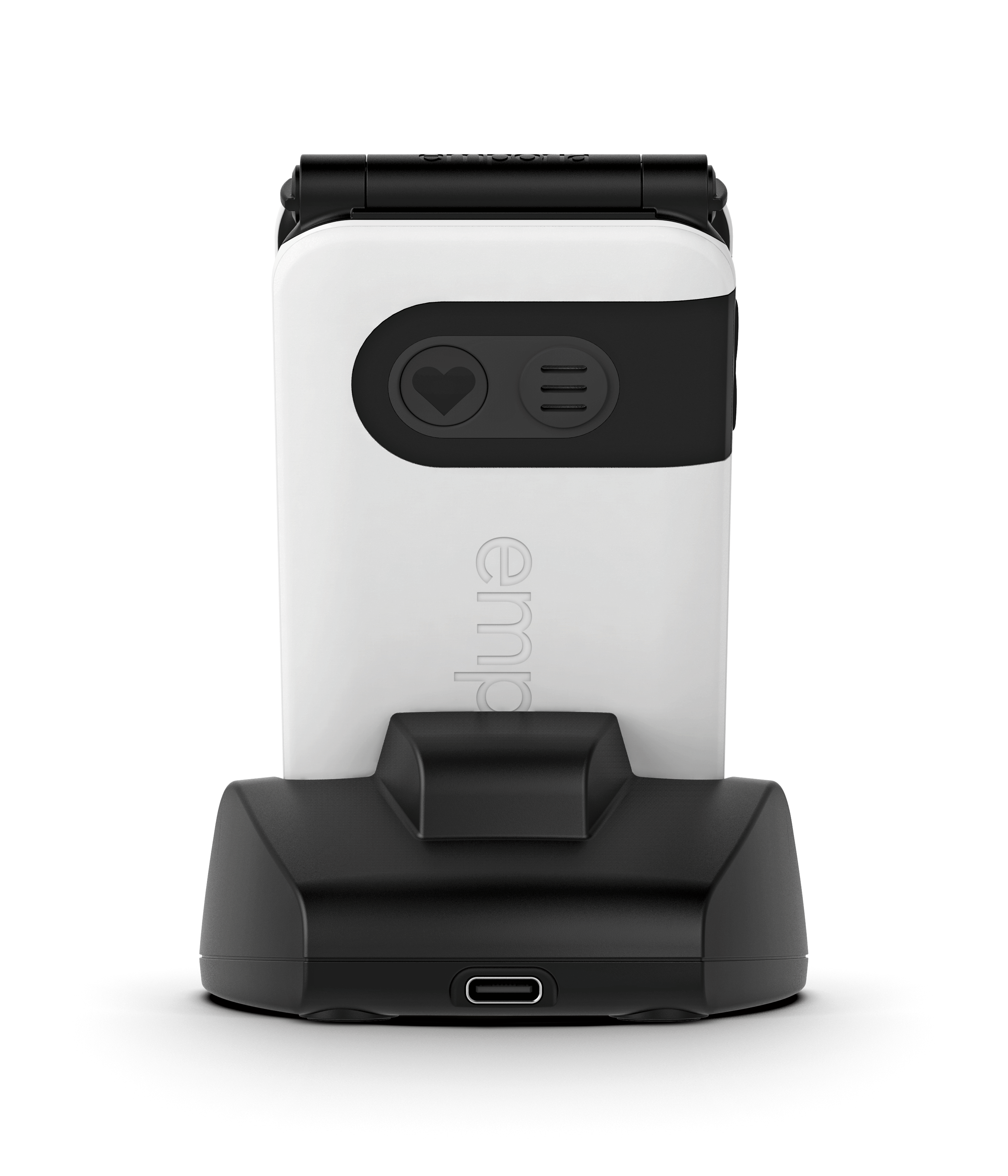 Rückansicht eines weißen zugeklappten SIMPLICITYglam.4G in emporia Ladeschale