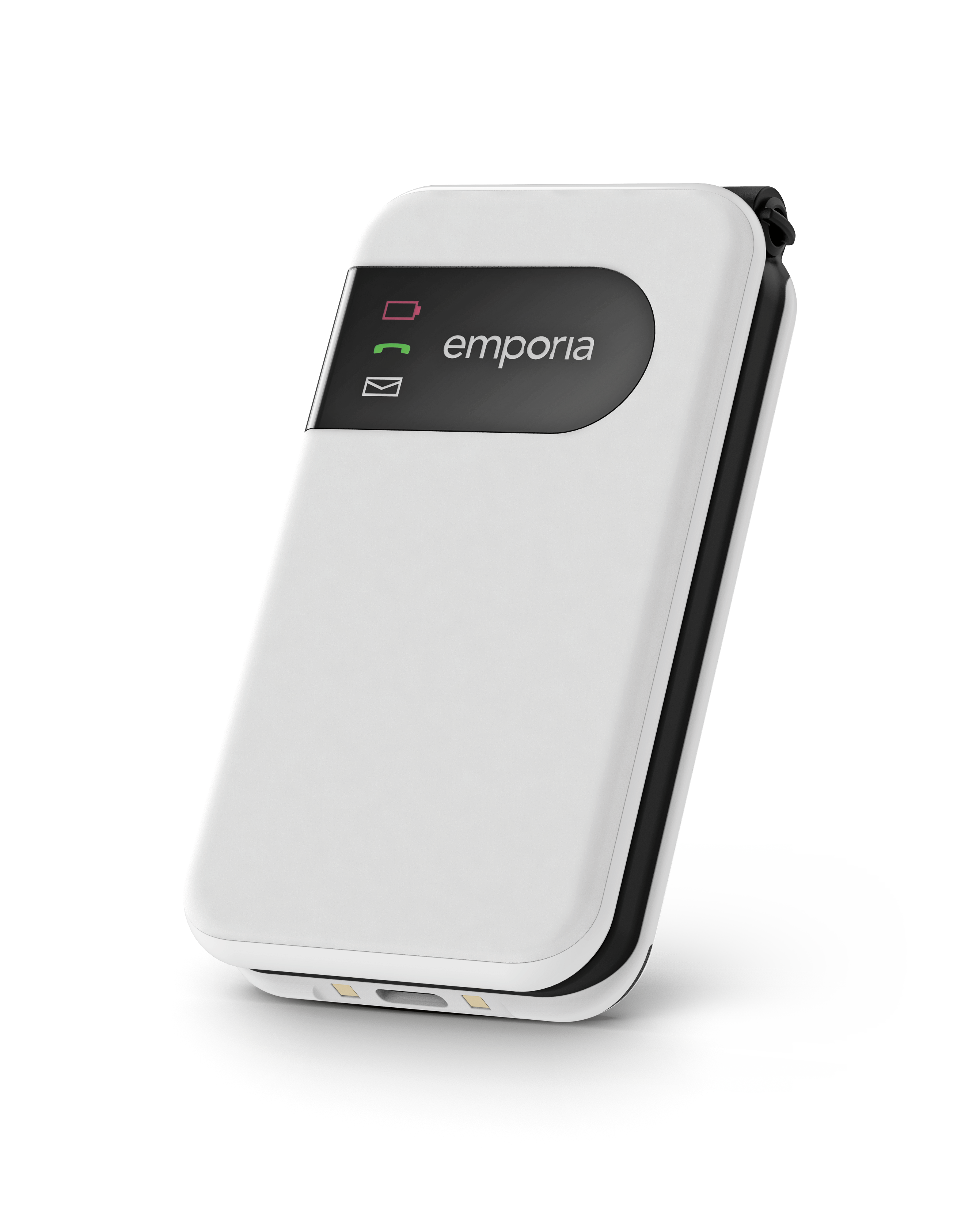 Schräge Ansicht auf ein weißes, zugeklapptes emporia SIMPLICITYglam.4G Klapphandy