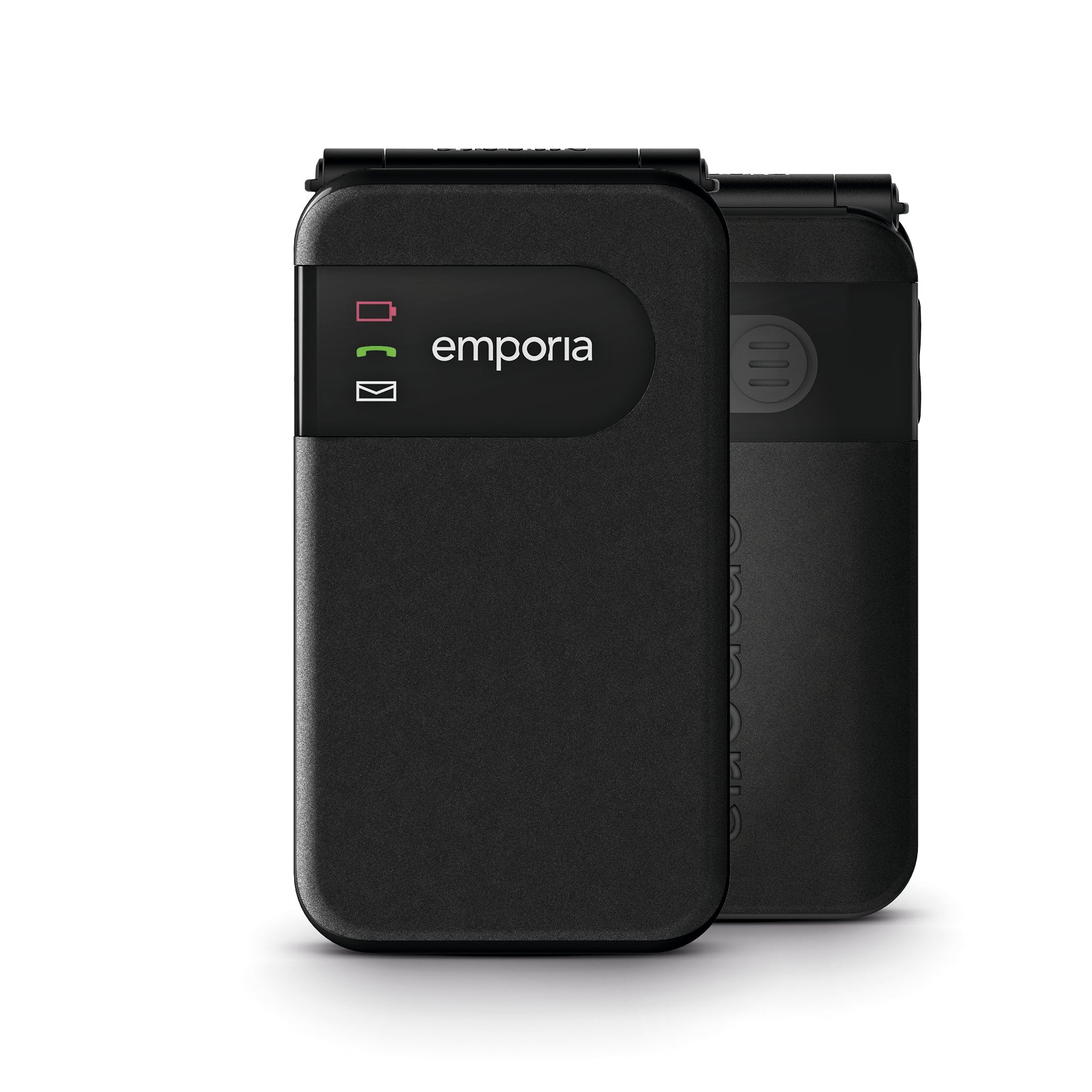 Front- & Rückansicht eines zugeklappten, schwarzen emporia SIMPLICITYglam Klapphandy