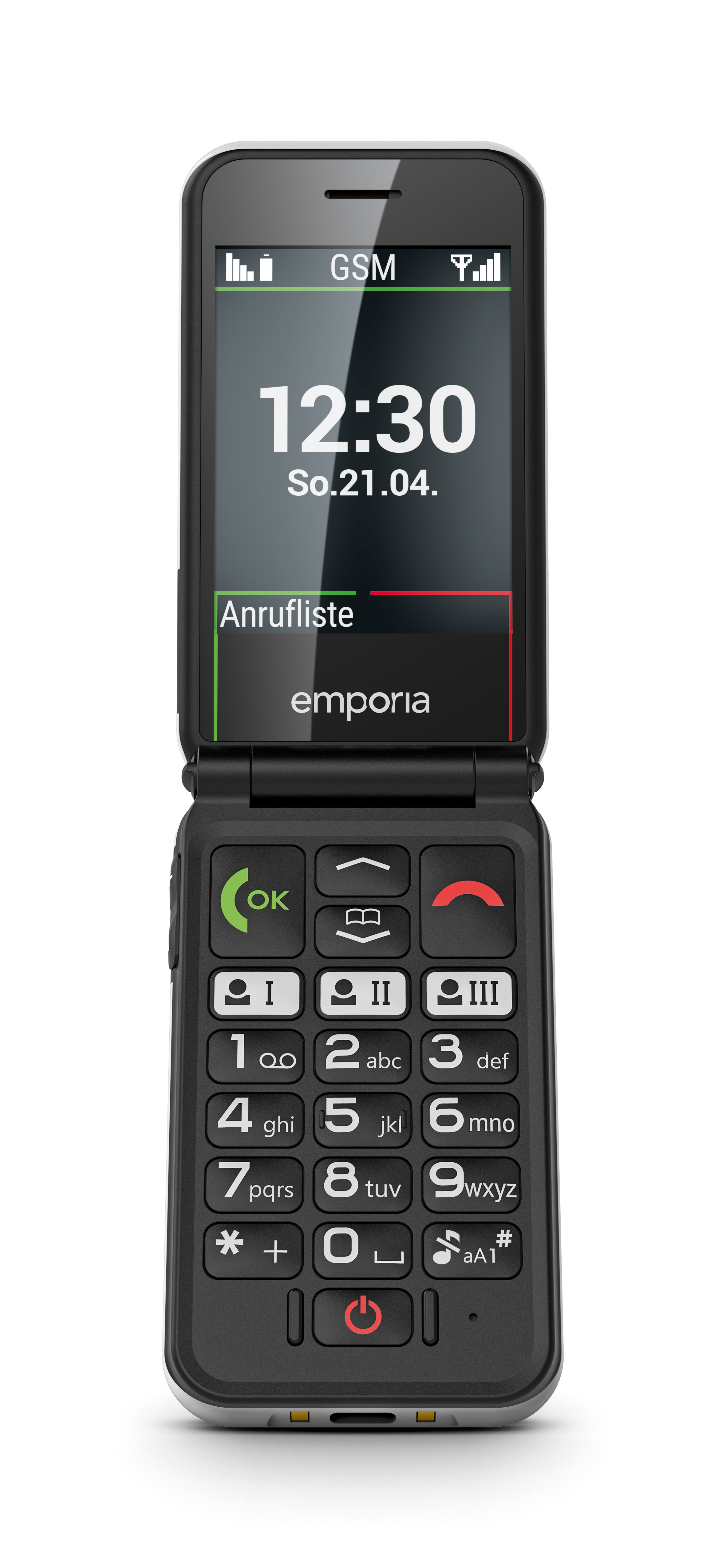 Frontansicht eines aufgeklappten emporia SIMPLICITYglam Klapphandys. Das Display zeigt die Uhrzeit und das Datum.