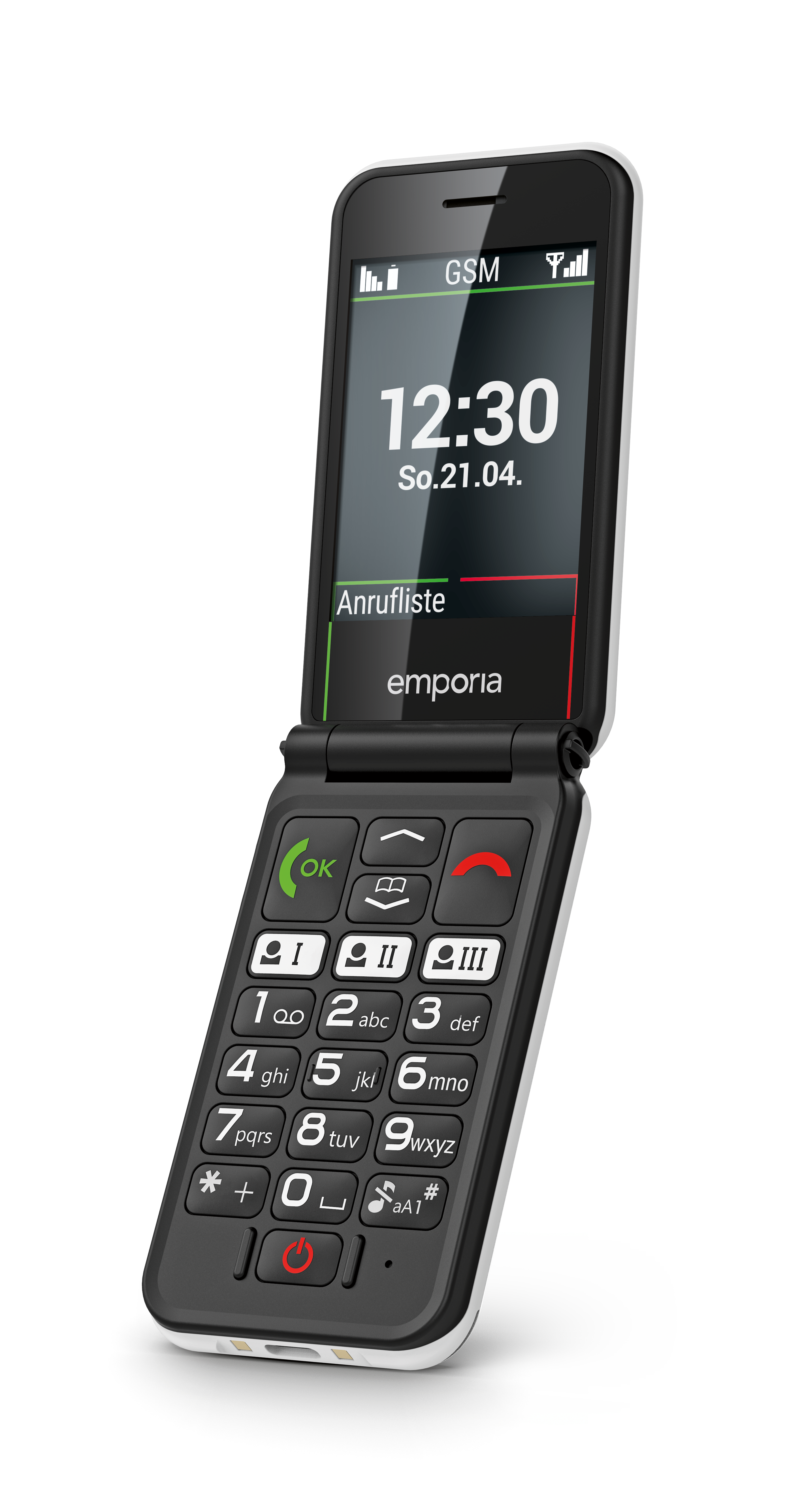 Schräge Ansicht eines aufgeklappten emporia SIMPLICITYglam Klapphandys. Das Display zeigt die Uhrzeit und das Datum.