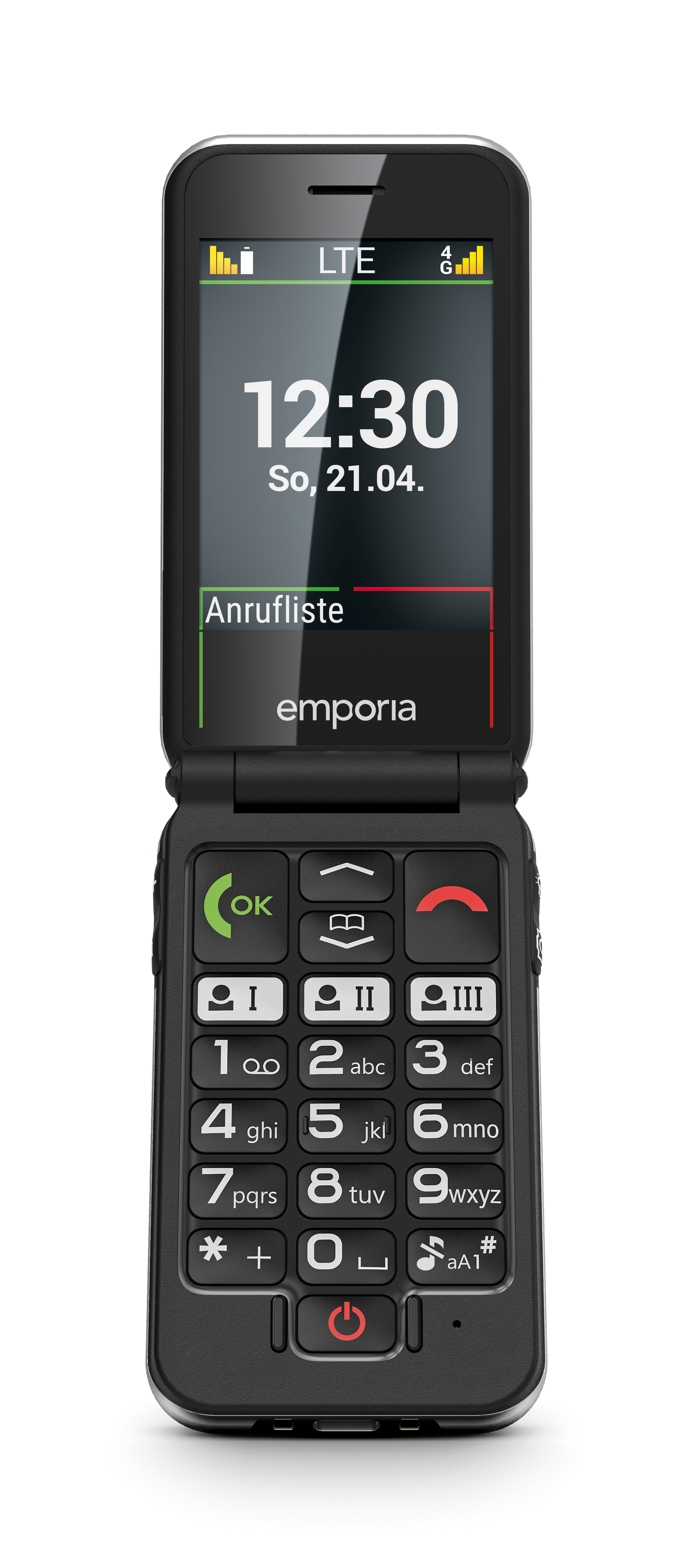 Frontansicht auf das aufgeklappte emporia JOY LTE Klapptelefon. Das Display zeigt die Uhrzeit und das Datum