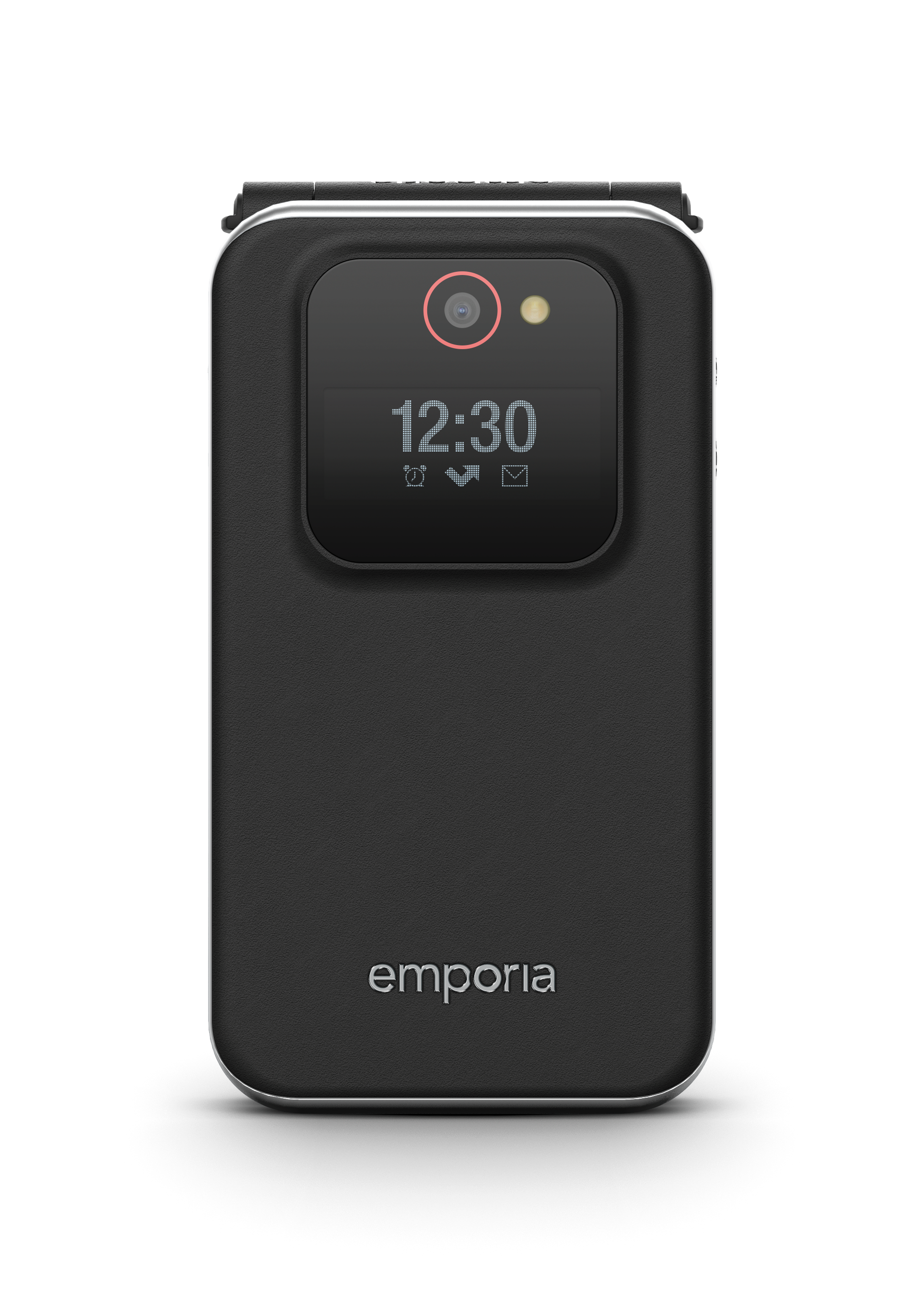 Zugeklapptes schwarzes emporia JOY LTE Klapphandy. Das Display auf dem zugeklappten Handy zeigt die Uhrzeit.
