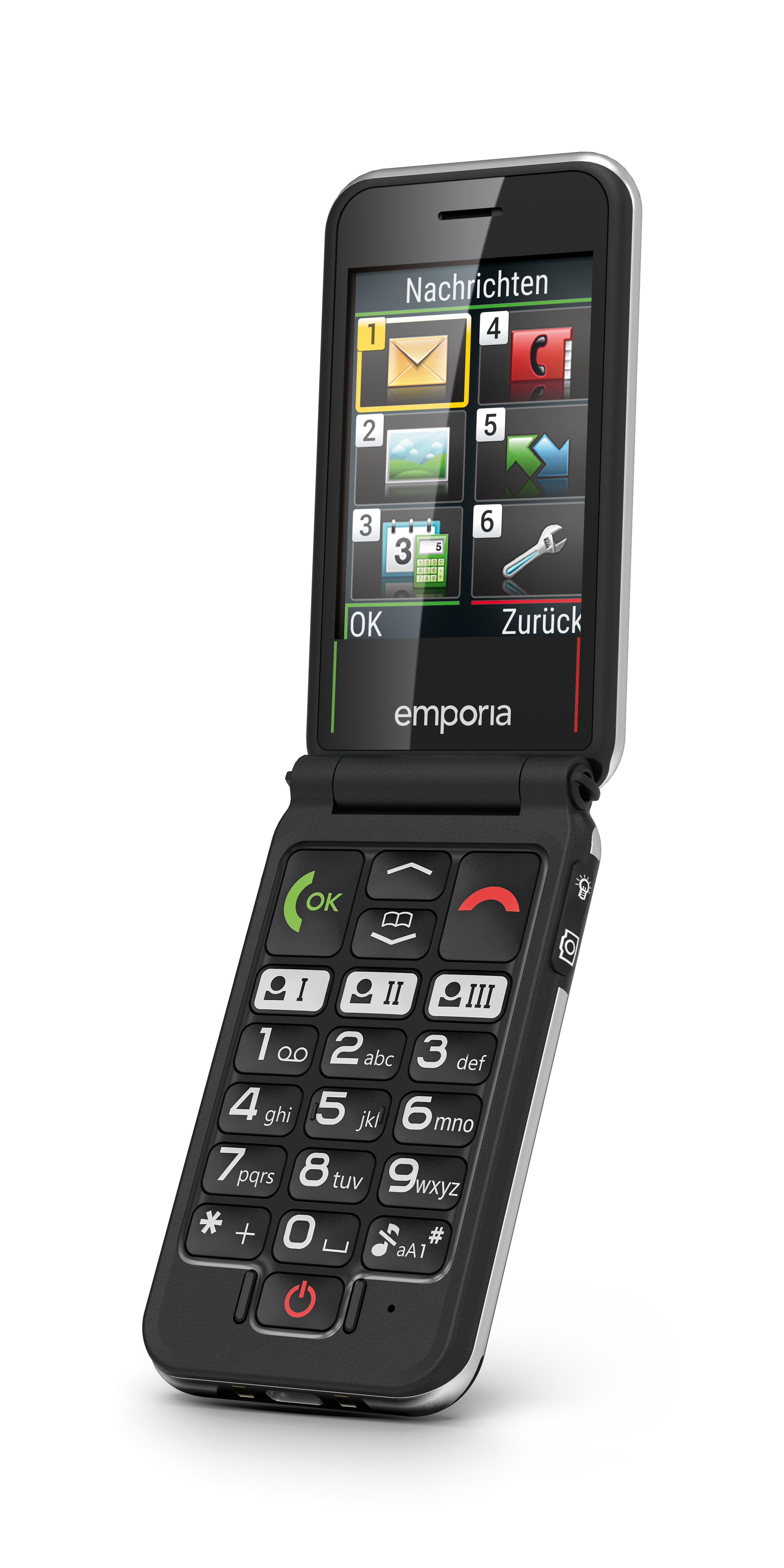 Schräge Ansicht auf das aufgeklappte emporia JOY LTE – Senioren-Klapphandy. Das Display zeigt das Menü.