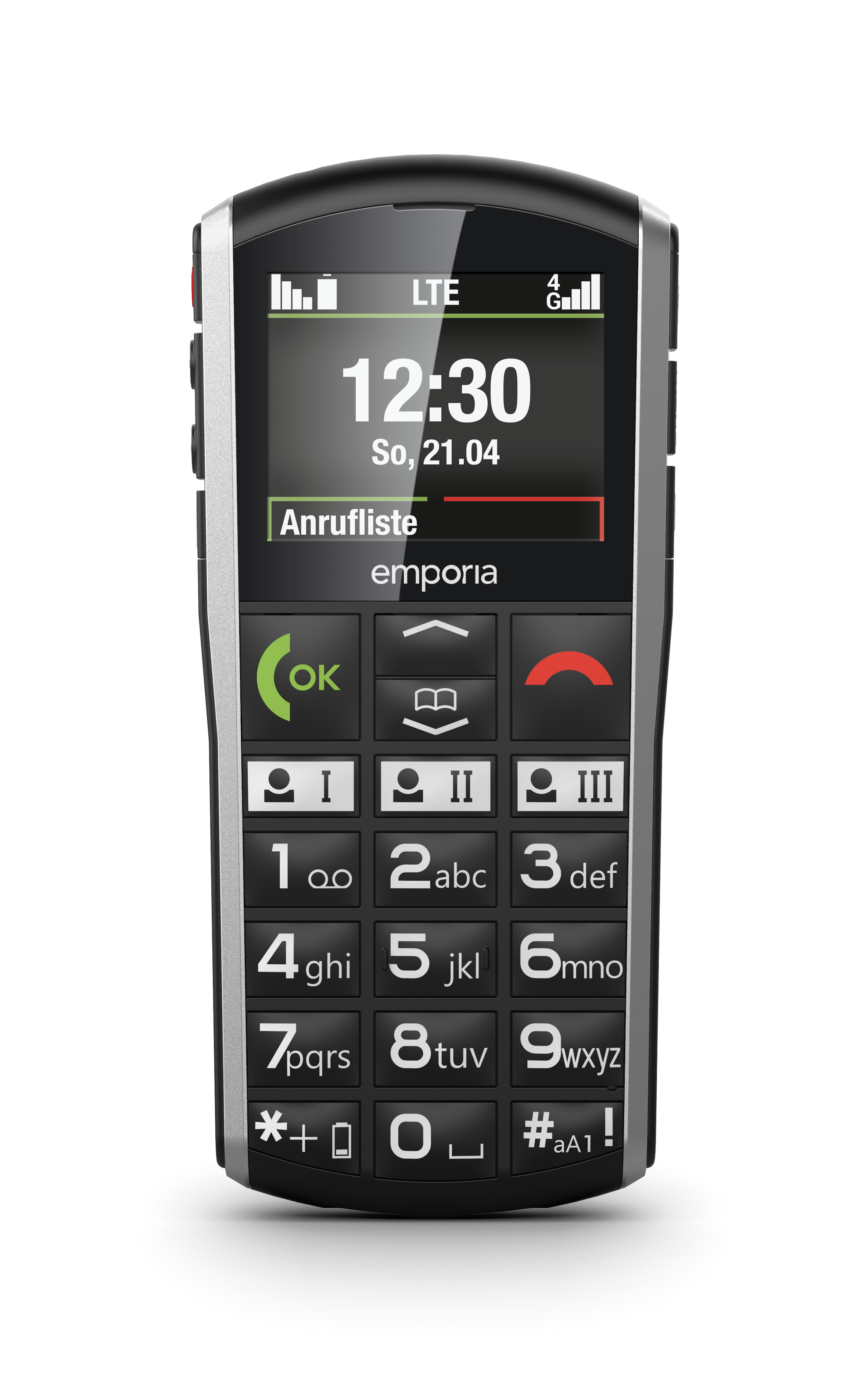 Frontansicht des emporia SIMPLICITY-LTE mit eingeschaltetem Display welches die Uhrzeit und das Datum zeigt