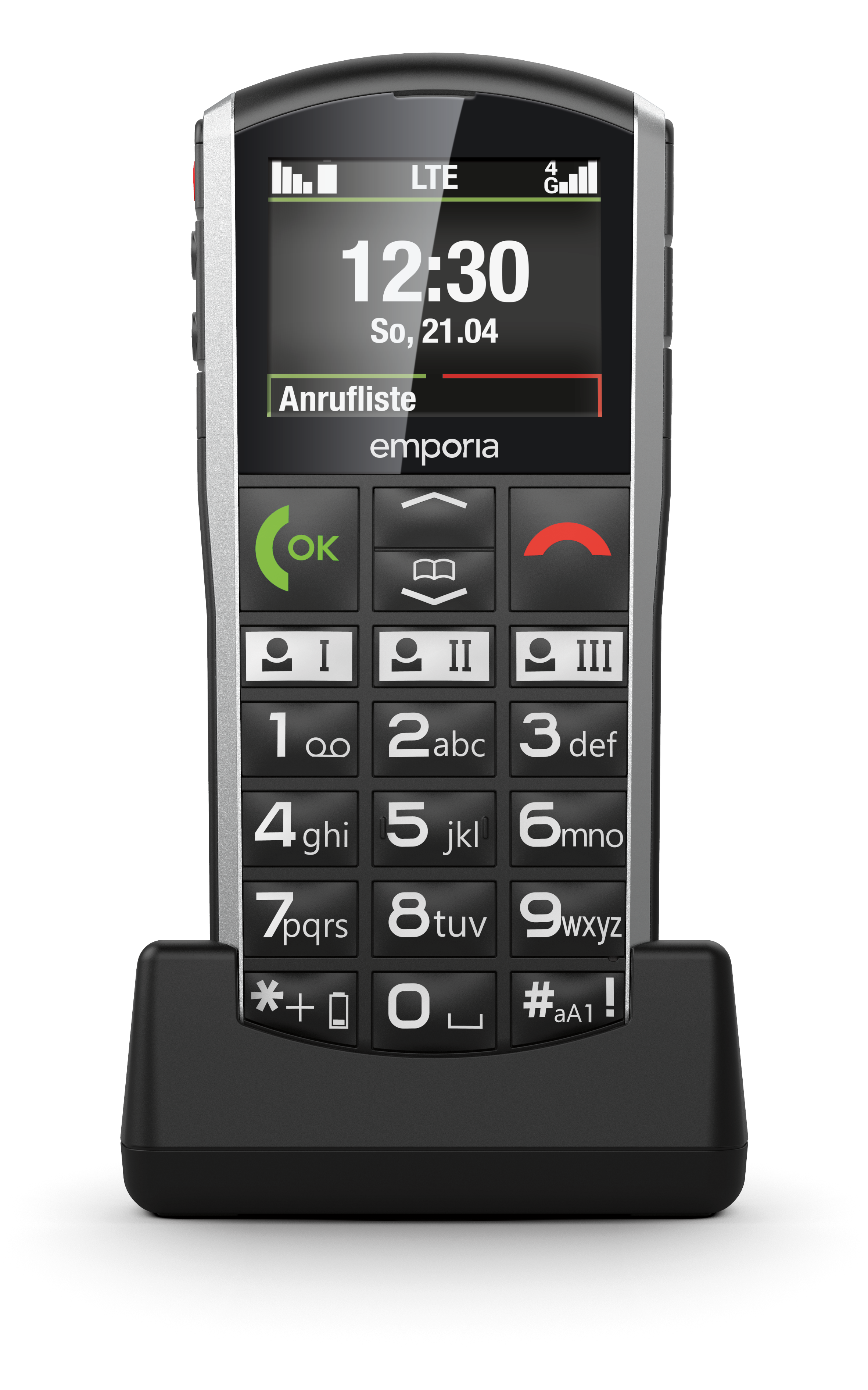 Frontansicht des emporia SIMPLICITY-LTE mit eingeschaltetem Display in der emporia Ladeschale