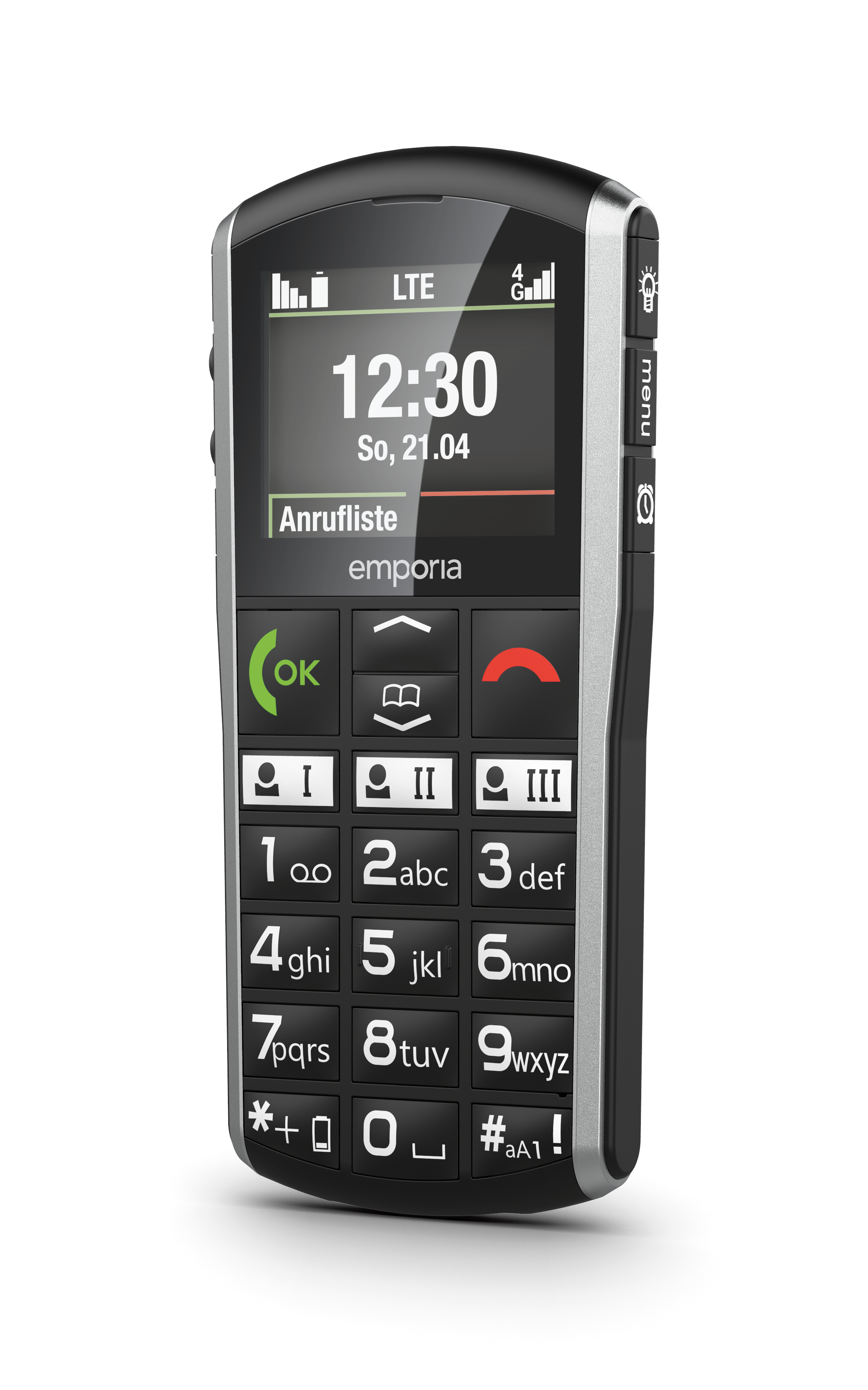 Schräge Ansicht des emporia SIMPLICITY-LTE mit eingeschaltetem Display. Seitlich sieht man die Knöpfe für die Taschenlampe, das Menü und den Wecker.
