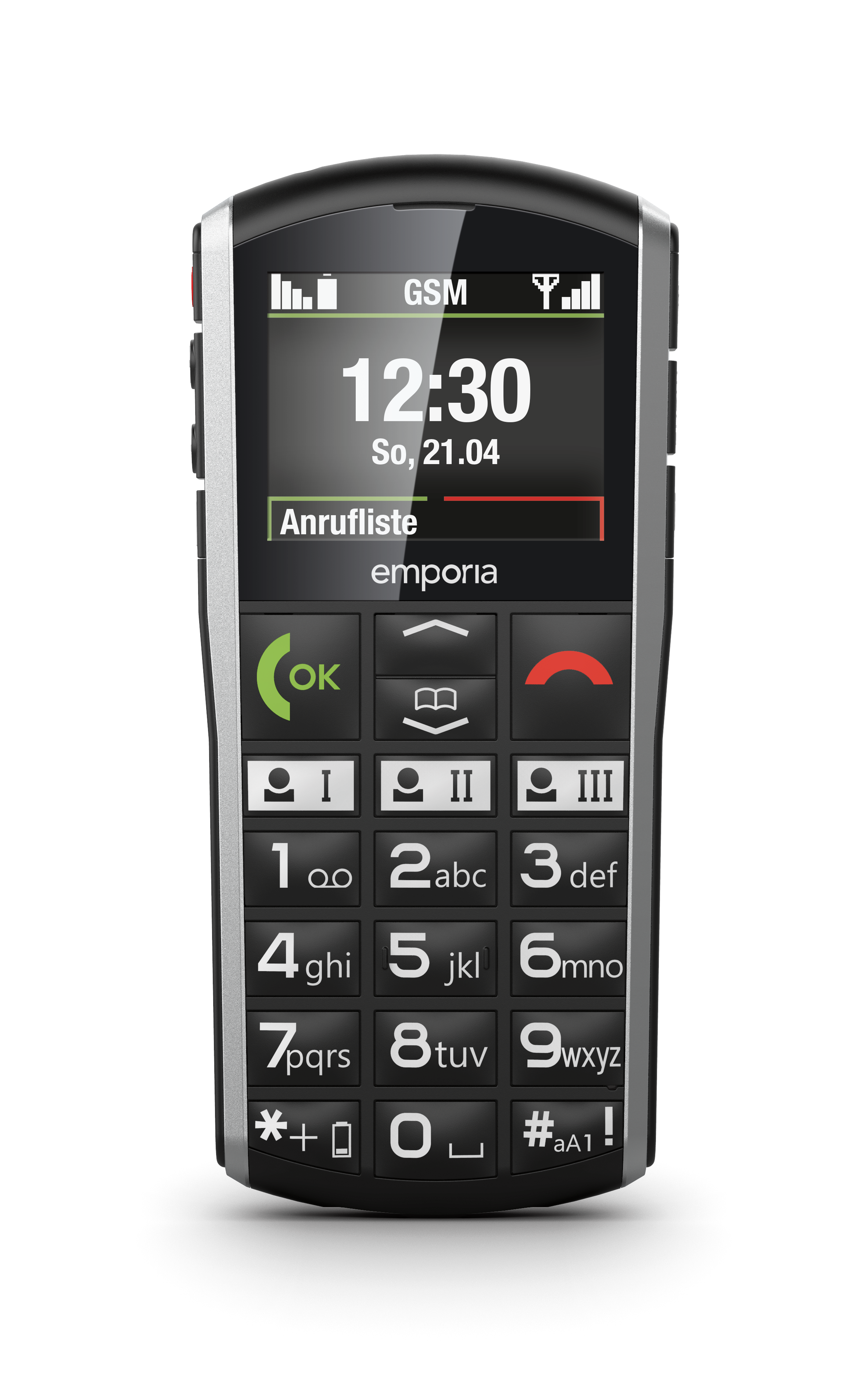Frontasicht des emporia SIMPLICITY mit eingeschaltetem Display. Es zeigt die Uhrzeit und das Datum.