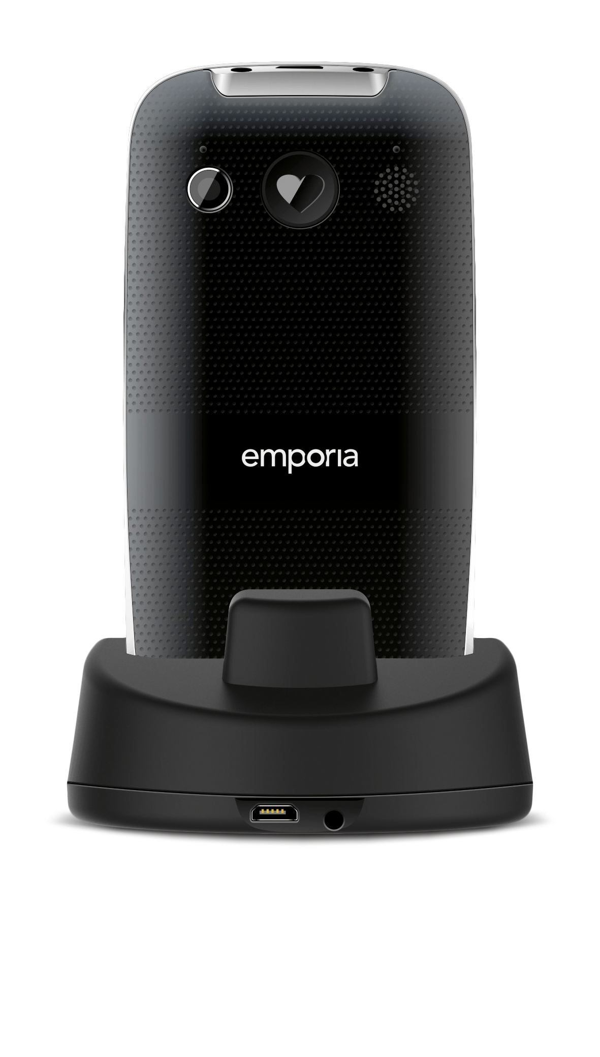 Rückansicht des emporia EUPHORIA Tastenhandy mit Notfallbutton in emporia Ladeschale