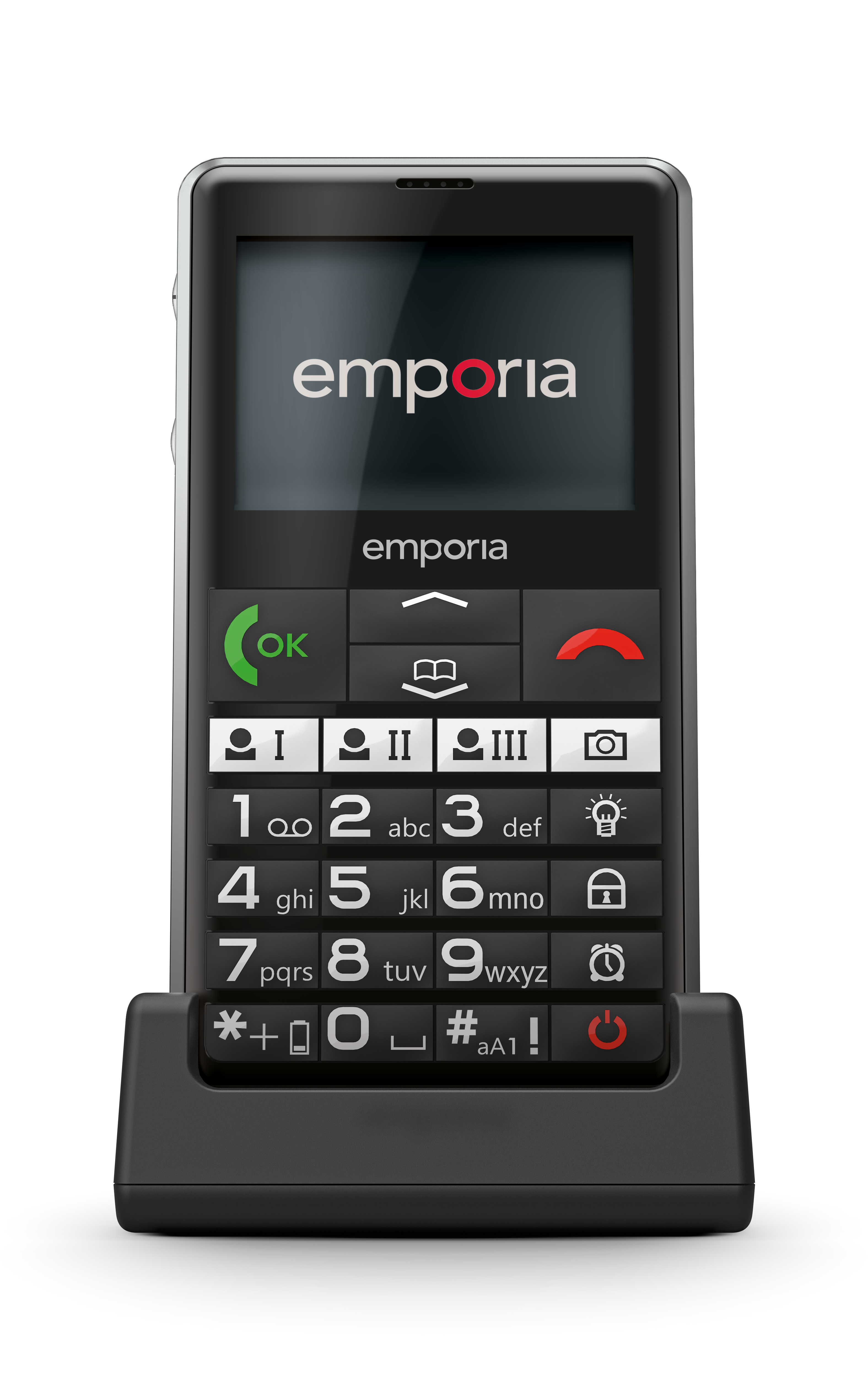 Frontansicht des emporia PURE-LTE in emporia Ladeschale