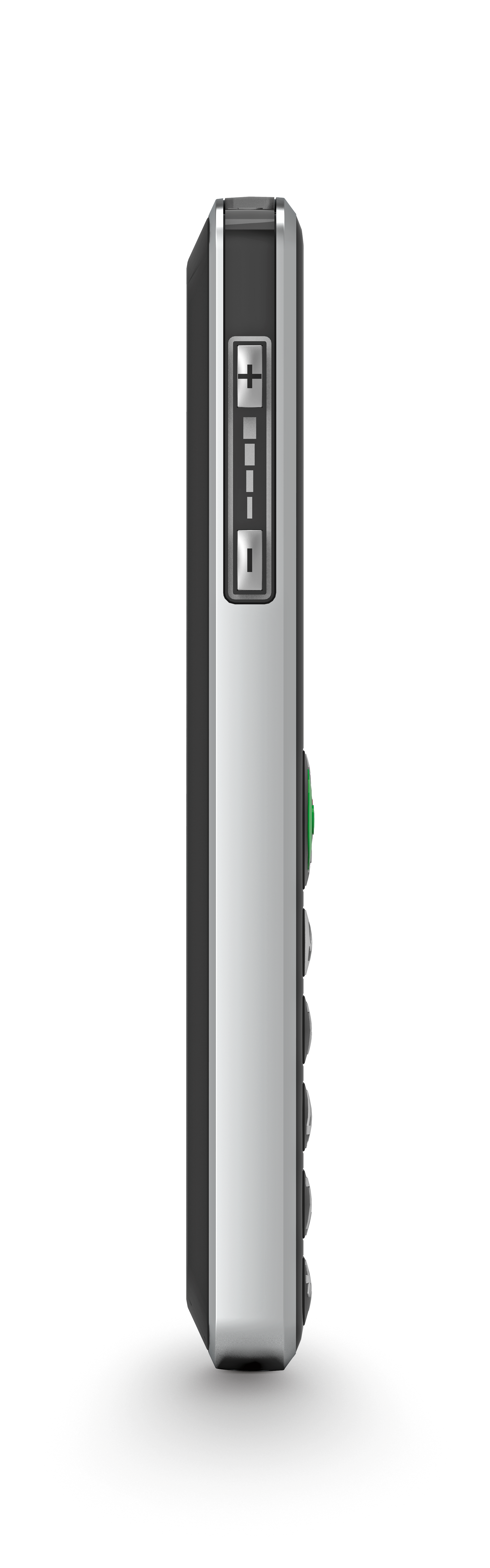 Seitliche Ansicht des emporia PURE-LTE Handys mit Lautstärkenregler