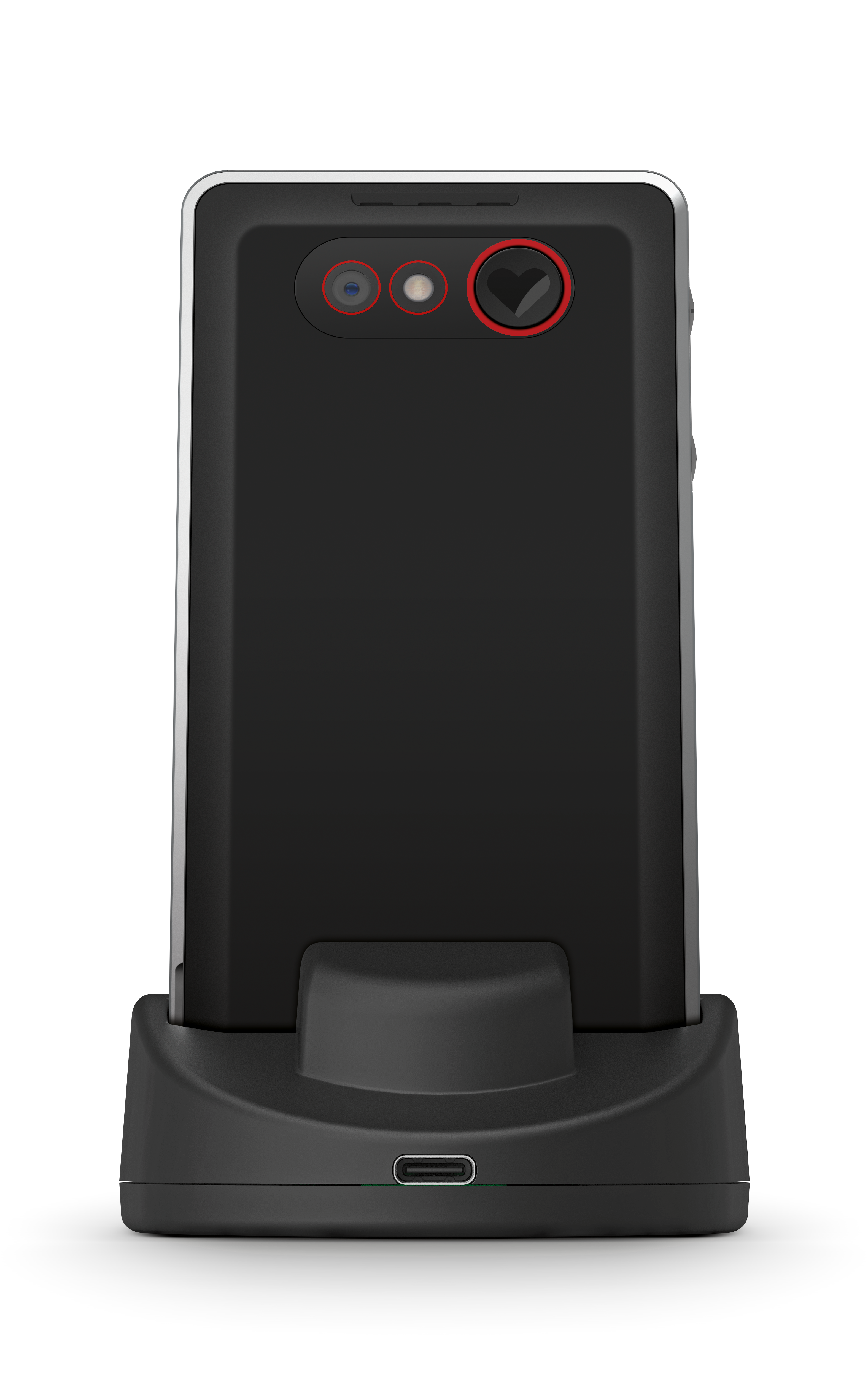 Rückseite des emporia PURE-LTE mit Kamera und No-panic Button in emporia Ladeschale