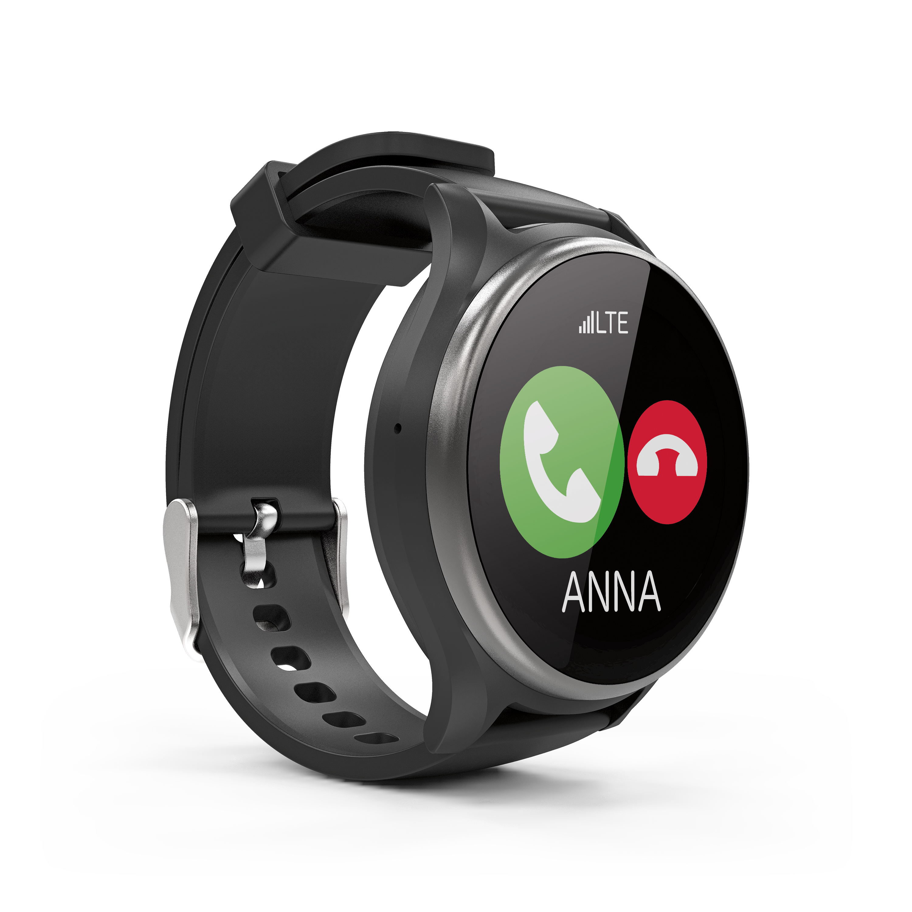 Seitliche Ansicht der emporia WATCH-LTE Smartwatch. Das Display zeigt einen eingehenden Anruf von Anna.