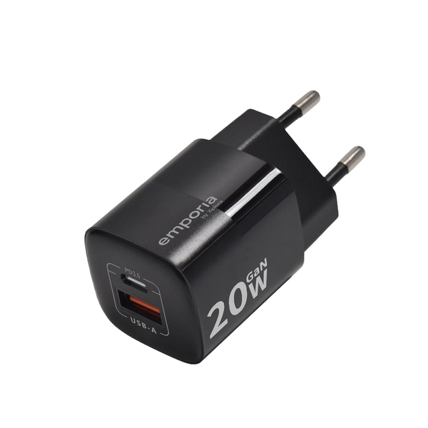 emporia charger w. USB-C USB-A port, 20W, black w. packaging